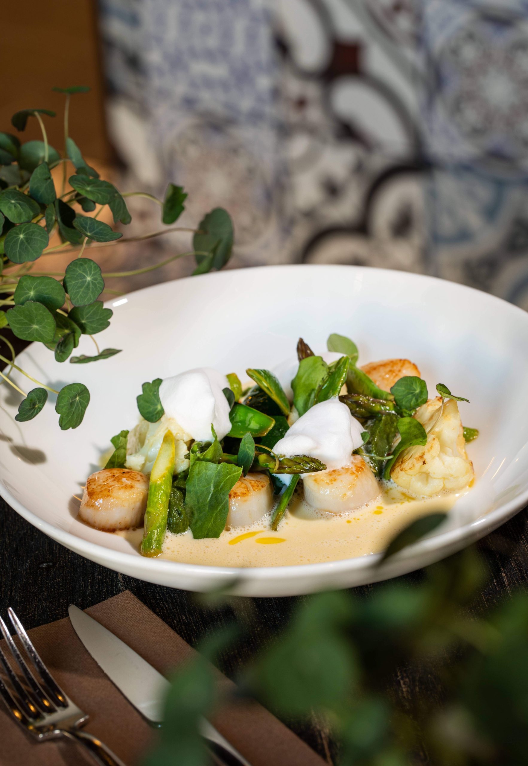 Meir Adonis Jakobsmuscheln mit Blumenkohl, Zuckerschoten, Petersilien- Bärlauch-Creme, Zucchini, Macadamianüsse, Sauerampfer und Yuzu beurre blanc.