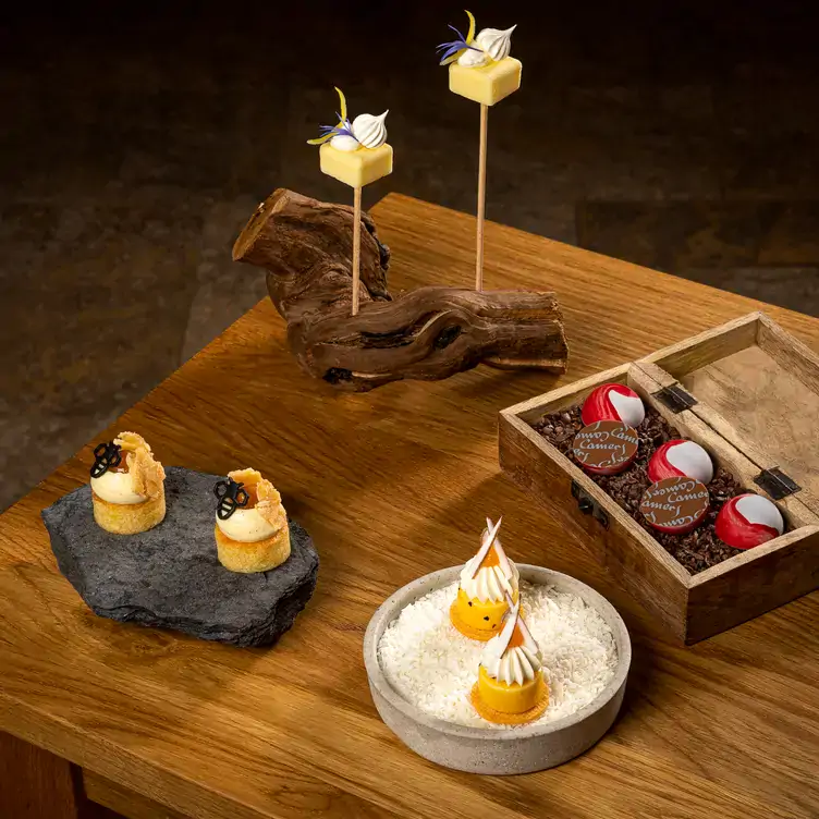 Kleine aufgespießte Snacks auf Holz, Salz und Stein in Camers Schlossrestaurant.